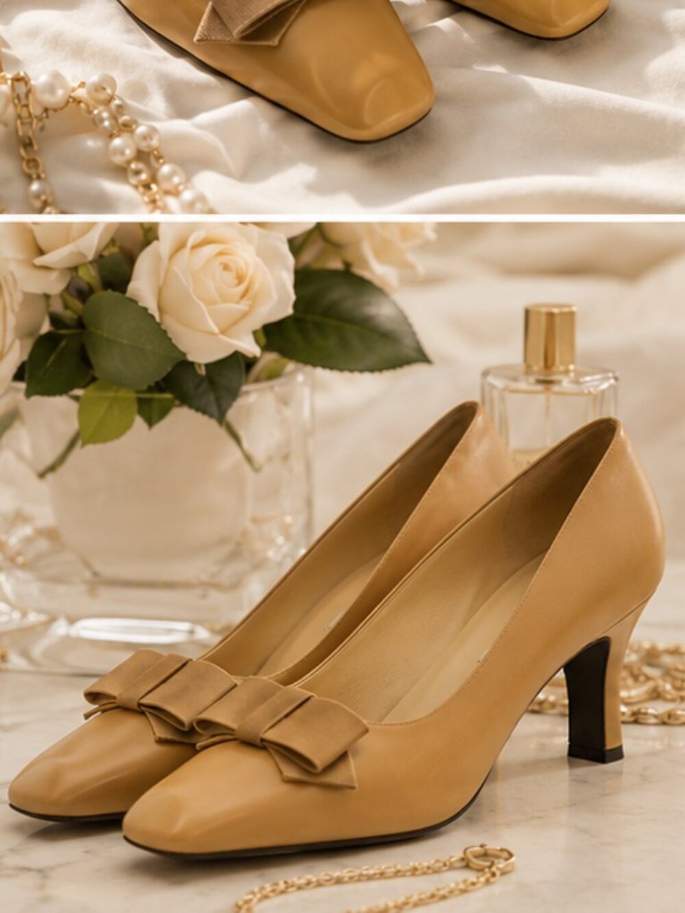 BRUNO MAGLI Camel Bow Pumps | Italian Designer Heel Bow Heels | Square Toe US 7